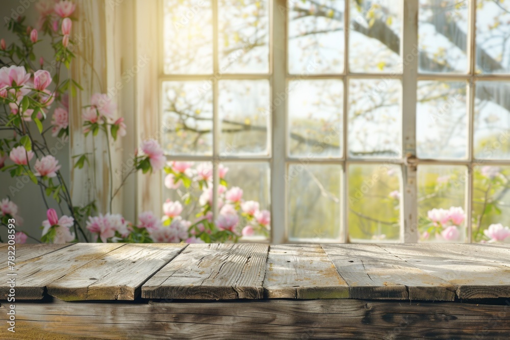 Poster a wooden table placed in front of a window. ideal for home decor or interior design concepts