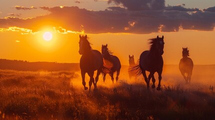 Horses galloping in a field at sunset.