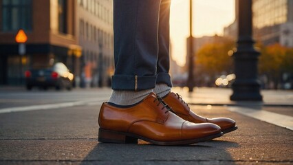 Formal shoes walking on a pavement, tall buildings in background, blurred, sunrise light, orange hues