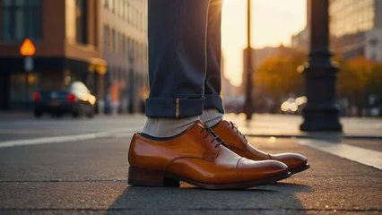Fotobehang Formal shoes walking on a pavement, tall buildings in background, blurred, sunrise light, orange hues © Ahsan