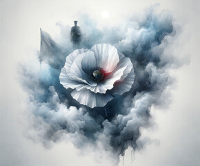 Watercolor painting of poppy blossom amidst clouds and a faint silhouette of a soldier. soft hues of blue and gray. Memorial Day concept.