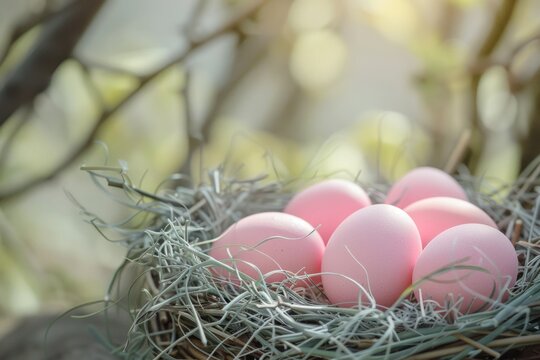 A nest filled with pink eggs on top of a tree. Suitable for Easter-themed designs