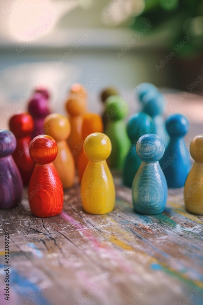 Poster wooden toy figures sitting on top of a table. suitable for various themes and concepts