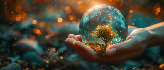 Save our planet and forest, restore and protect green nature. Live and dry tree and globe in hand, choosing future. - obrazy, fototapety, plakaty