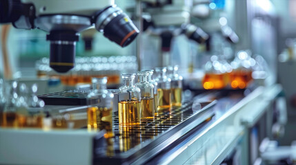 Obraz premium Microscope is looking at bottles of liquid in a laboratory. High quality
