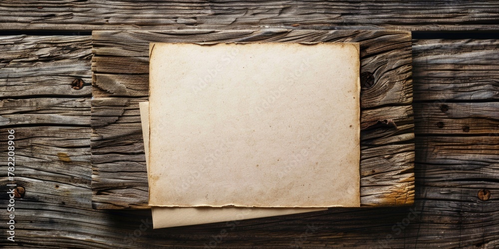 Poster a weathered piece of paper resting on a rustic wooden plank. ideal for backgrounds or vintage themes