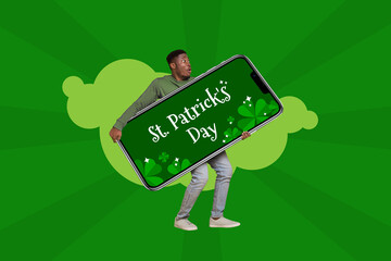 Composite trend artwork sketch image 3D photo collage of young amazed guy carry hold in hand huge smartphone green clover st patrick day - Powered by Adobe