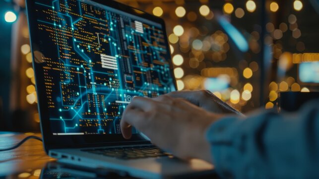 The concept of digital technologies and software development. A coding programmer and a software engineer working on a laptop with a circuit board and java script on a virtual screen. The concept of