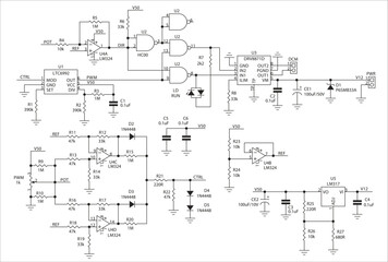 Schematic diagram of electronic device.
Vector drawing electrical circuit with 
logic gate, operational amplifier, 
microcontroller, integrated circuit, 
resistor, capacitor, diode on paper sheet.