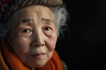 A portrait of an elderly woman wearing a hat and scarf. Suitable for various concepts and designs