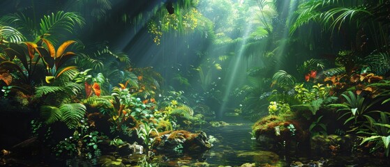 Obraz na płótnie Canvas Lush greenery and dense foliage in a misty forest.