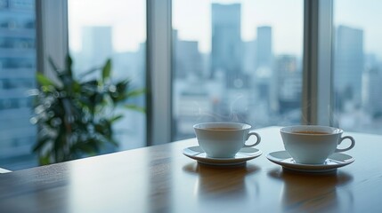 Obraz premium Two cups of coffee on a table in front of a window. Perfect for coffee shop or cozy home interior