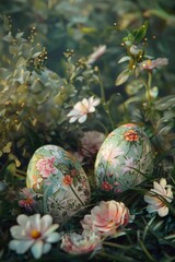 Obraz na płótnie Canvas Three painted Easter eggs sitting on a lush green field. Perfect for Easter-themed designs