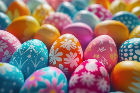 A pile of colorful Easter eggs with unique designs. Perfect for Easter-themed projects