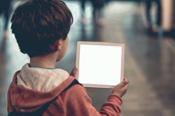Display mockup from a shoulder angle of a boy holding an ebook with a fully white screen