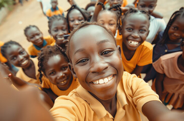Obraz premium a group of smiling african school children taking selfie in the streets, nigerian village