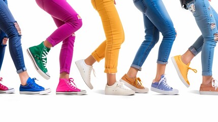 A group of women in colorful jeans and sneakers.