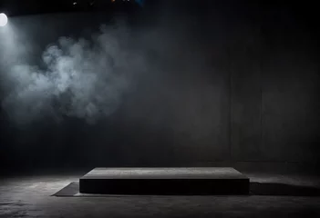 Fotobehang Podium black dark smoke background product platform abstract stage texture fog spotlight © Giuseppe Cammino