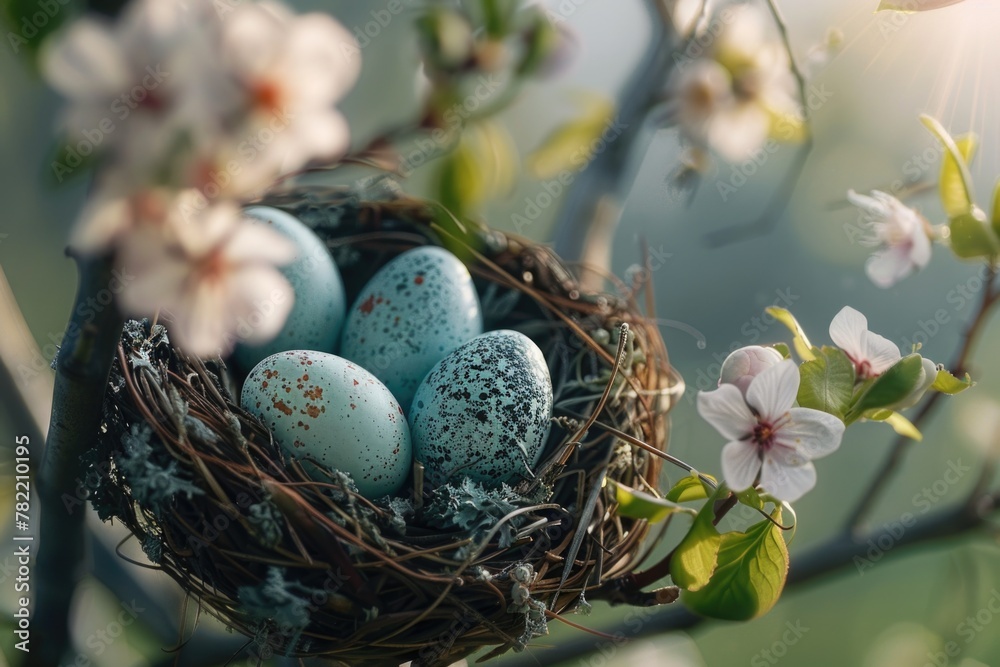 Poster blue eggs in a bird nest on a tree, suitable for nature themes