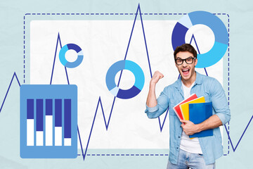 Composite trend image photo collage of young office manager student guy hold in hand notebook fist yes stats graphics diagram increase