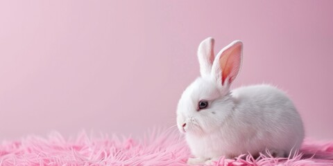 A cute white rabbit sitting on a pink rug. Suitable for pet or animal-related designs