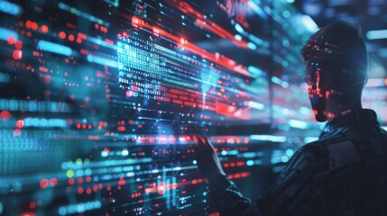 An internet technology concept with data processing and digital technology. A man working on big data and computer code with a data center and server room as backdrops.