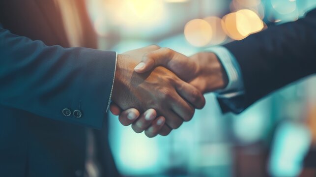 A businessman shaking hands with a partner, greeting, doing business, merging, acquiring, and doing business together. A joint venture may also be shown, as well as a copy area for business, finance,