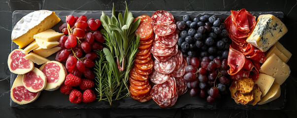 Header. Artfully arranged charcuterie board showcasing an assortment of fine cheeses, cured meats,...