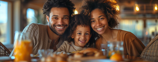 Header. Close-up of a happy family sharing a meal together around a dining table in a warm and inviting home environment. Website, banner, design