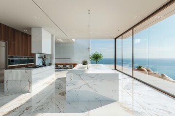 Fototapeta na wymiar Minimalist kitchen, white marble, open space, panoramic view, bright noon light