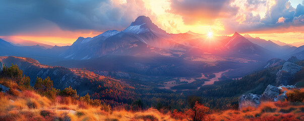  Header. Scenic landscape photograph capturing the breathtaking beauty of a mountain range at sunrise, with soft hues and dramatic lighting. Website, banner, design