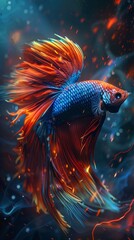 Betta fish with elemental powers, battling in a magical tournament, lightning backdrop, fantasy.