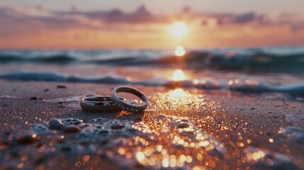 Wedding rings resting on sandy beach at sunset. Suitable for wedding or love concept designs - obrazy, fototapety, plakaty