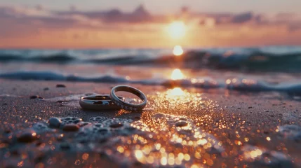 Rolgordijnen Wedding rings resting on sandy beach at sunset. Suitable for wedding or love concept designs © Fotograf