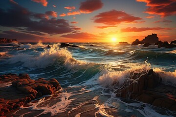 Golden seascape serenade: romantic splash of green waves and purple clouds at sunset. - obrazy, fototapety, plakaty