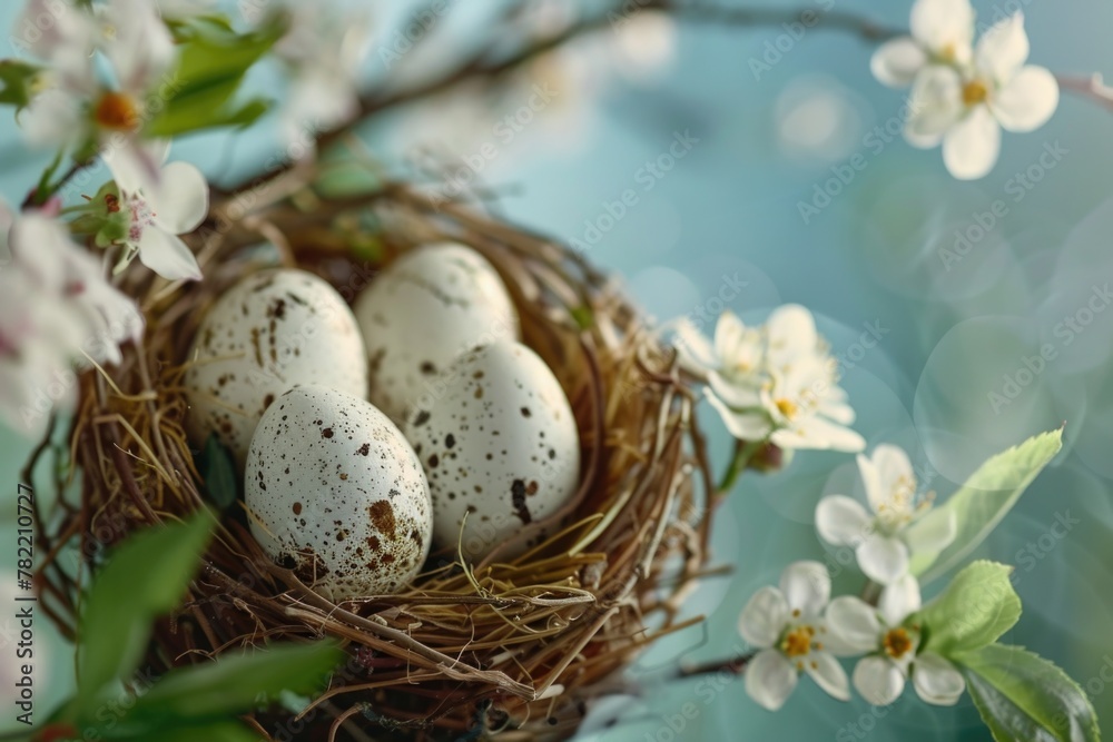 Poster three eggs in a nest on a tree branch, perfect for nature-themed designs