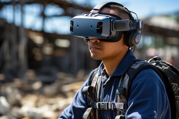 Construction worker wearing a VR headset controls construction machinery, such as a crane, using a remote control. 