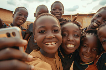 Naklejka premium a group of smiling african school children taking selfie in the streets, nigerian village