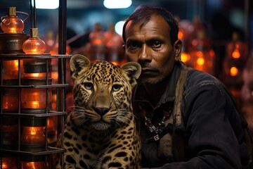 A wildlife defender sits next to a leopard.