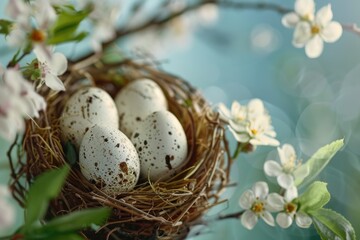 Naklejka na ściany i meble Three eggs in a nest on a tree branch, perfect for nature-themed designs