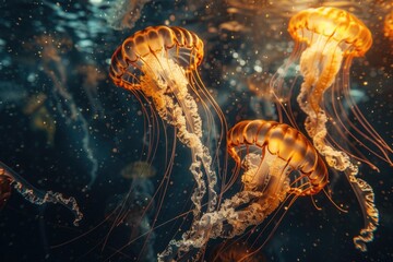 A group of jellyfish swimming in the water. Suitable for marine life concepts. - obrazy, fototapety, plakaty