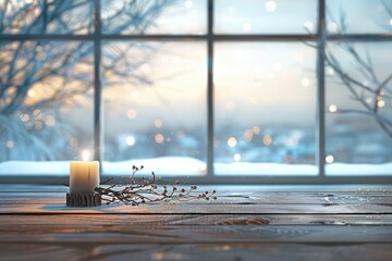 A candle on a wooden table next to a window. Ideal for home decor concepts - obrazy, fototapety, plakaty