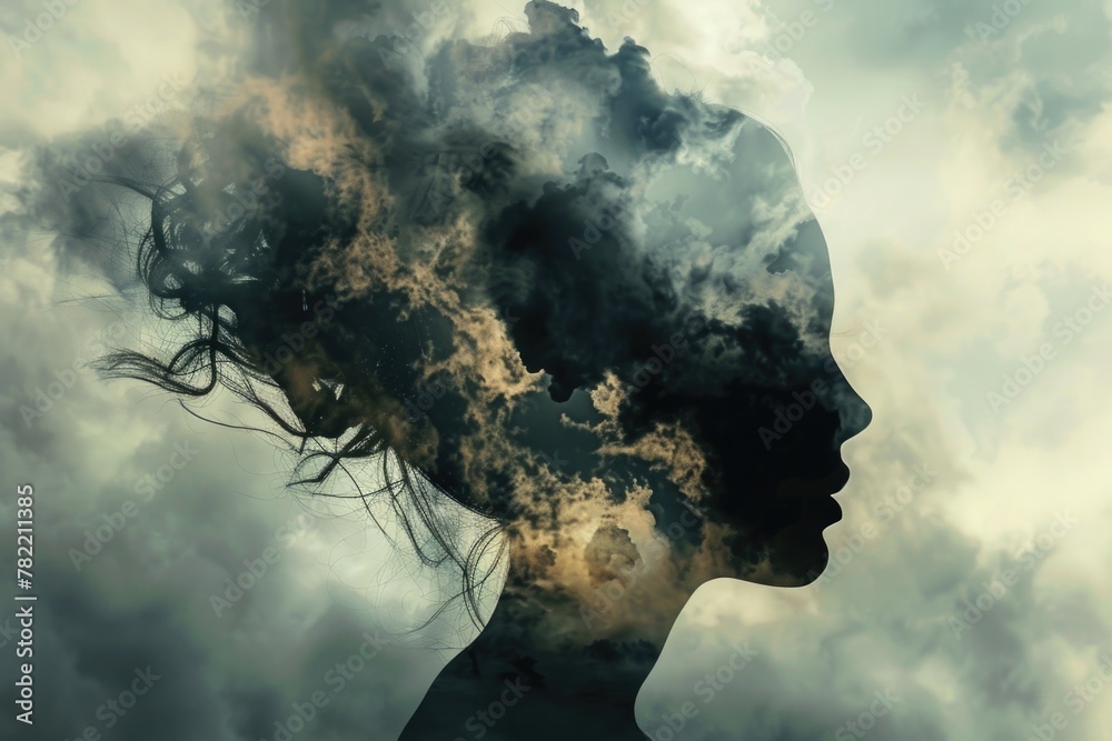 Poster Obscured woman's face with clouds, mysterious and dreamy. Perfect for abstract concepts or artistic projects