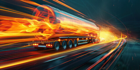 A truck racing down the highway with fiery flames shooting out of the back exhaust pipe - obrazy, fototapety, plakaty