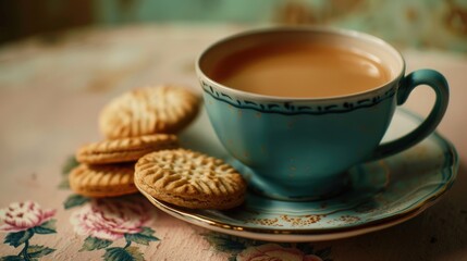 Obraz na płótnie Canvas A cozy image of a cup of tea and cookies on a plate. Perfect for food and beverage concepts