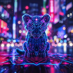 Futuristic mandala cub, neon tech aura, blurred city lights backdrop, low-angle shot