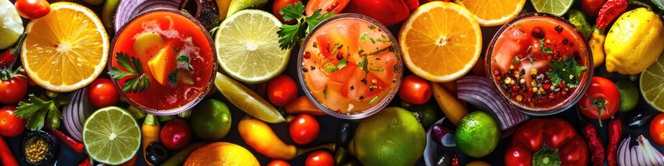 An overhead spread of vibrant Bloody Mary cocktails