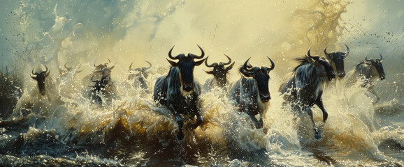 A group of wildebeest run through the river in their typical way, splashing water and creating big waves on its path - obrazy, fototapety, plakaty
