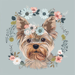 illustration of cute yorkshire terrier with flower wreath