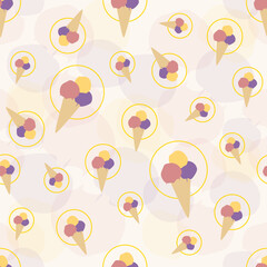ice cream background, seamless pattern of ice cream scoops in a cone, repeating texture of colorful ice cream cones in red yellow and purple, abstract simple design, ideal for textile or paper design